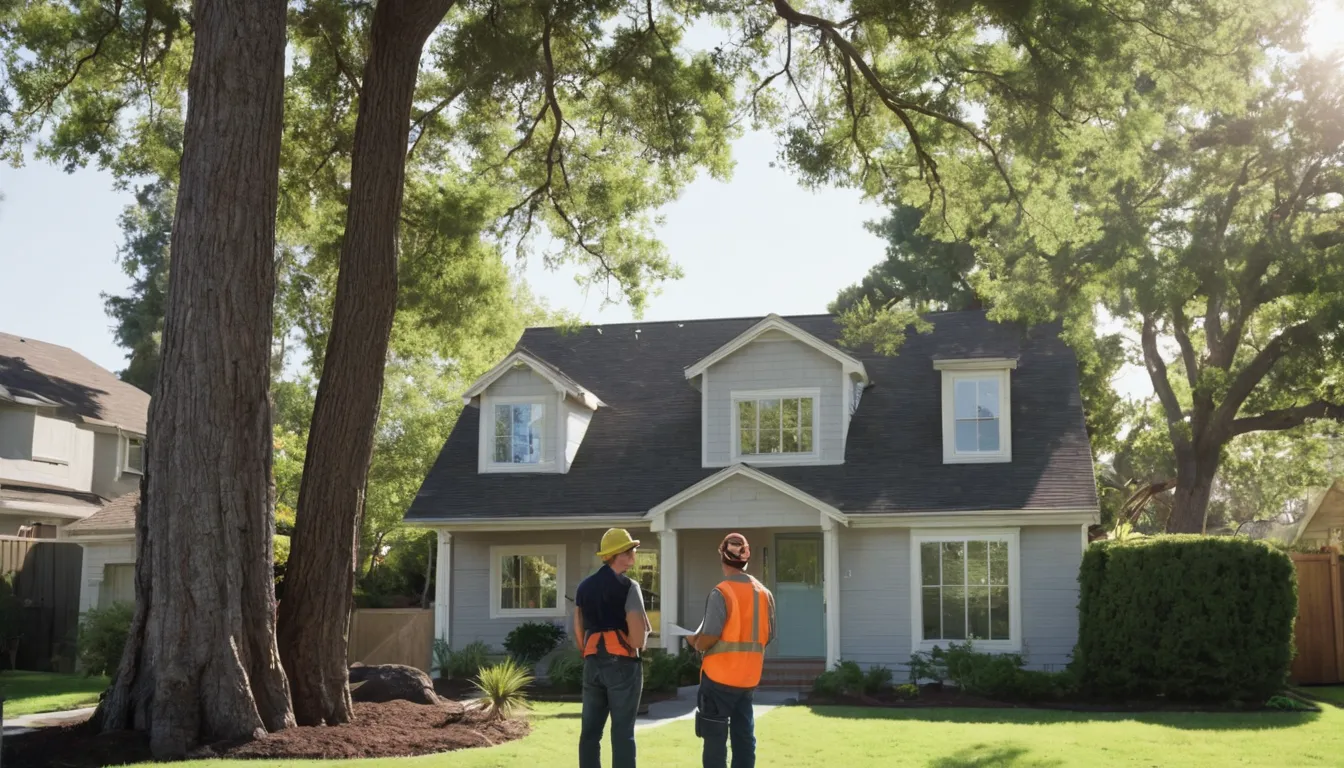A homeowner talking with a local tree provider in a front yard in the Roswell area